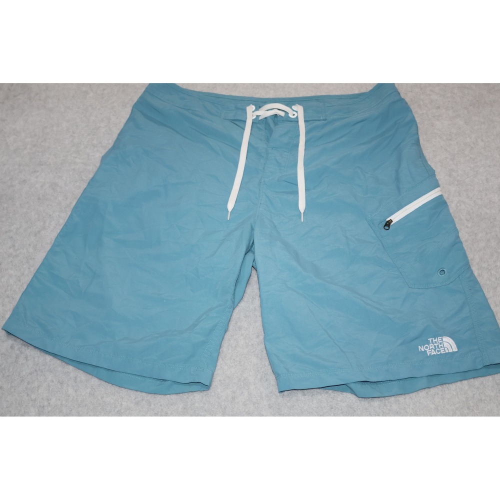 The North Face Board Shorts Mens 32 Teal Blue Zip Nylon Cargo Swim 9" Inseam